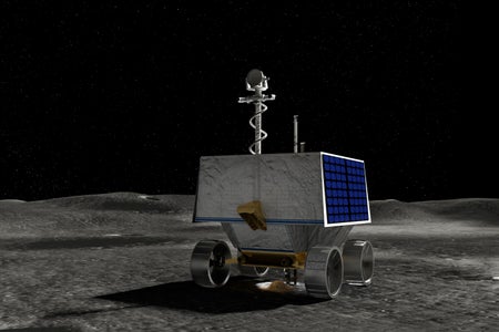 Illustration of a mobile robot with a drill, about the size of a golf cart, named the Volatiles Investigating Polar Exploration Rover, or VIPER, at the south pole of the Moon