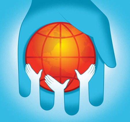 Illustration of a large cartoon hand holding the world, with three hands also lifting the world