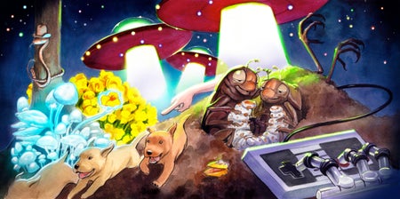 Dogs and cicadas having fun in a space garden while three red alien ships hover above them.