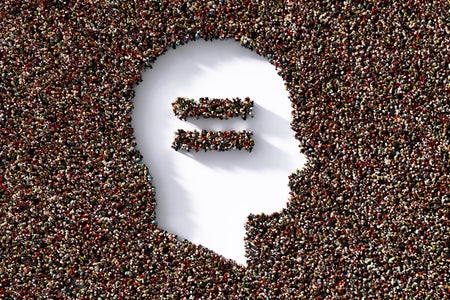 Human Head and Equal Sign Formed by Human Crowd on White Background