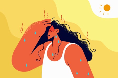 Vector illustration of a woman in a white shirt, skin is red from overheating and sweating from heat. The image has a gradated wavy yellow background with the sun in the upper right corner