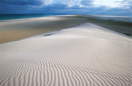 Sand dunes with blue ocean and and sky in background.