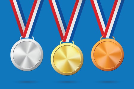 Gold, silver and bronze medals.