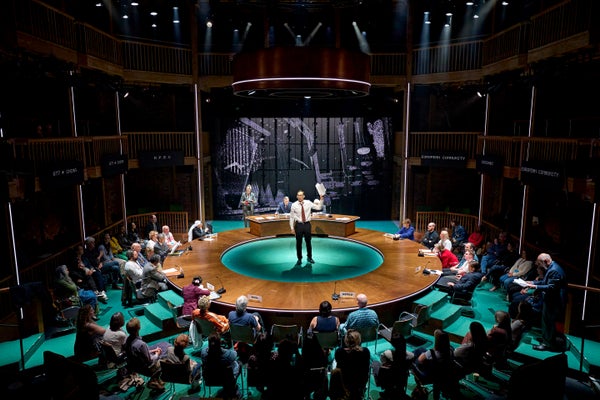 Stephen Kunken on stage during a production of Kyoto by the Royal Shakespeare Company at the Swan Theatre in London