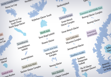 Graphic shows shapes and sizes of the largest glaciers and glacier complexes in each of 19 world regions.