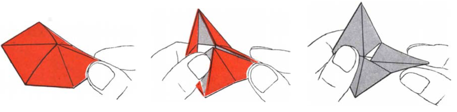 Series of three schematics show hands manipulating a folded trihexaflexagon.